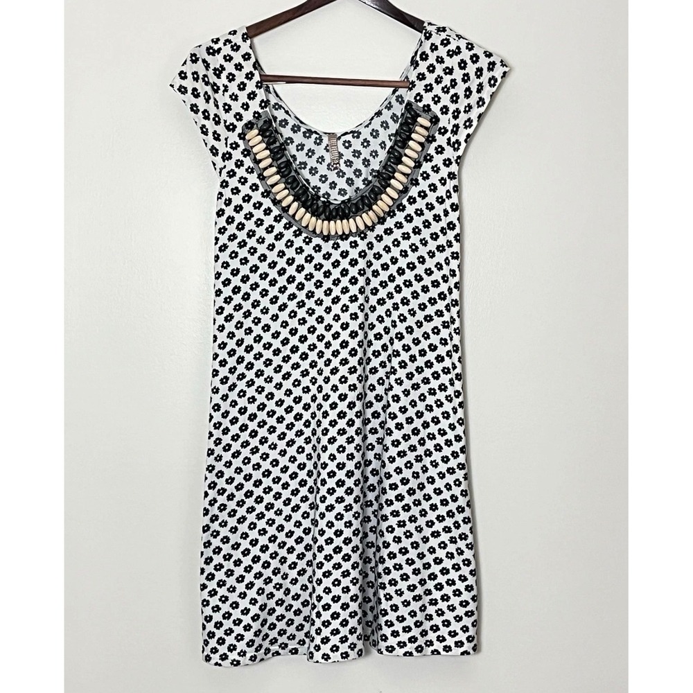 Free People Mini Dress Small Black White Floral Beaded Bib Boho Sleeveless